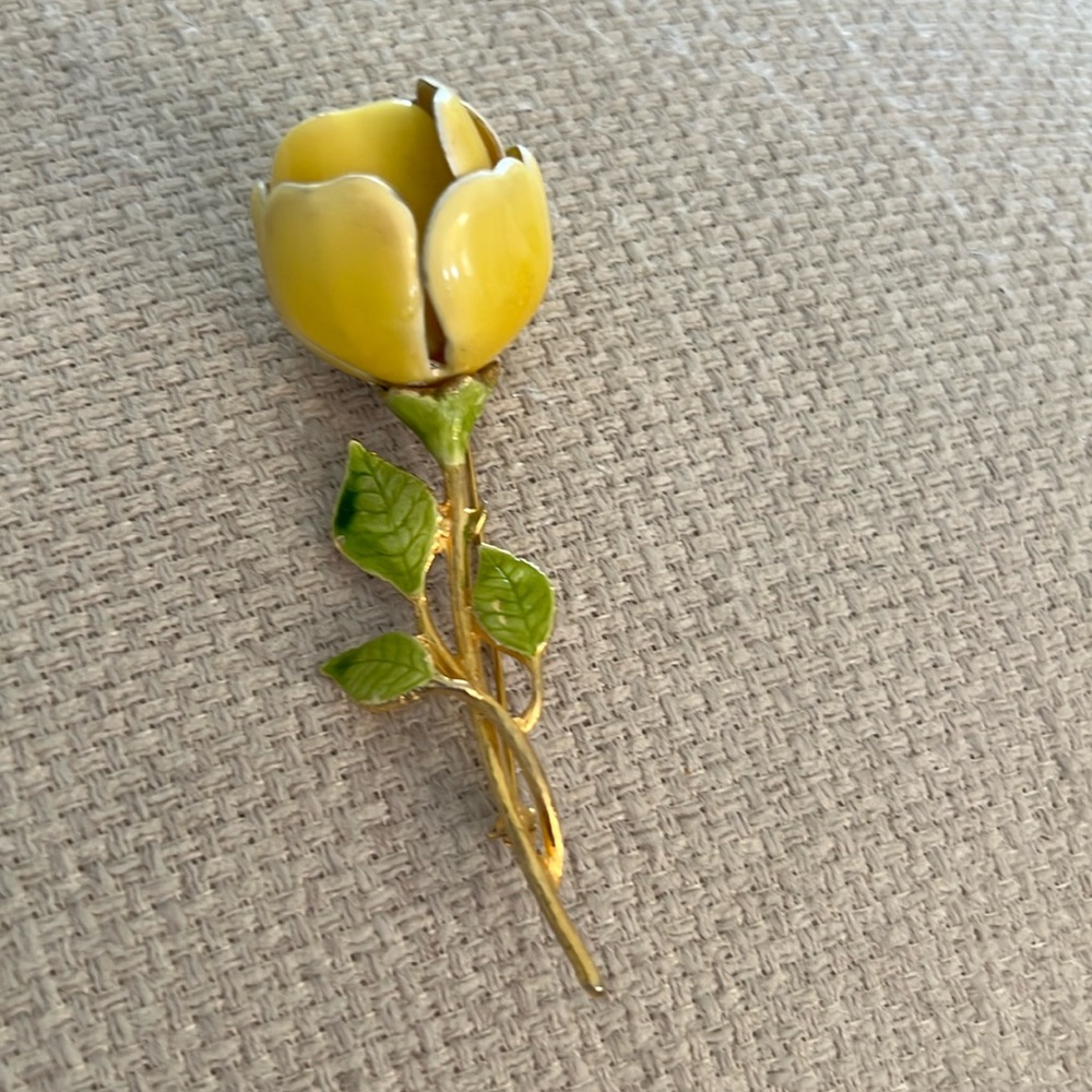 VTG Yellow Rose & Stem W Leaves Enamel Huge 3D Brooch